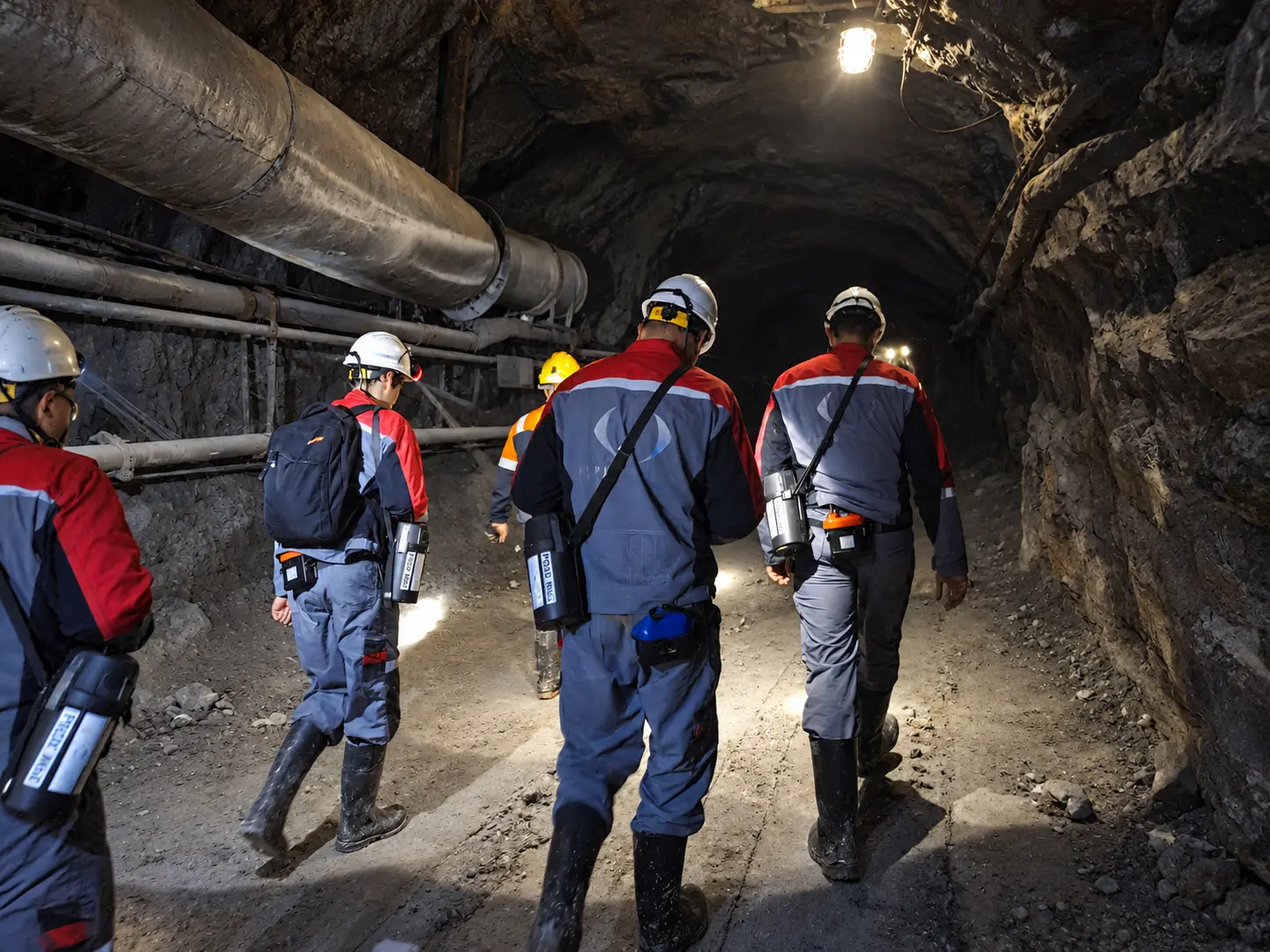 Mine personnel with cap lamps walking through an underground drive